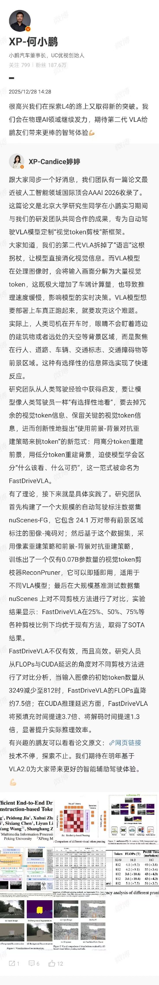 小鹏联合北大提出全新视觉Token剪枝框架，何小鹏：在探索L4路上又取得新突破